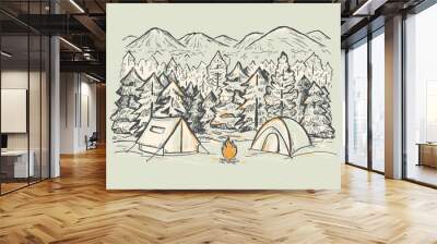 Sketch vector winter landscape with coniferous forest, tents, bonfire, mountains. Touristic camp with tents. Design for print, cover, poster, web design, banner Wall mural