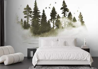 Watercolor foggy coniferous forest with river  in brown colors. Vector silhouette of trees. Nature hand drawn illustration with splashes Wall mural