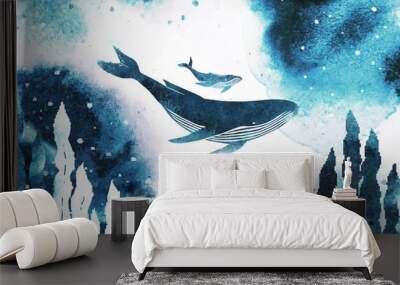 Watercolor humpback whale with baby. Vector silhouette of a big whales and sea plants under the sea. All elements, textures are individual objects Wall mural