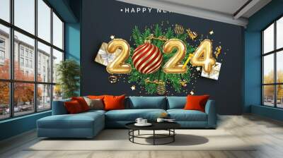 Happy New Year 2024. festive realistic balloon. Celebrate party of 2024 on black background Wall mural