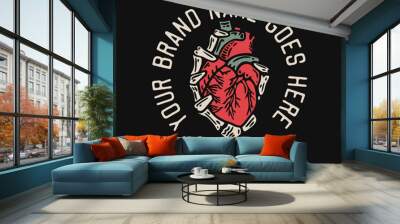 skeleton hand holding a heart vintage t shirt design template Wall mural