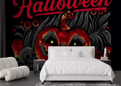 t shirt design halloween with creepy smiling halloween pumpkin with black background vintage illustration Wall mural