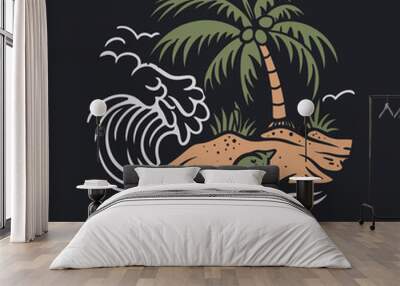 vintage design beach with coconut tree and waves vintage illustration Wall mural