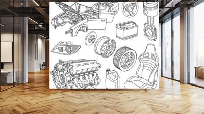 car parts line drawing icons isometric Wall mural