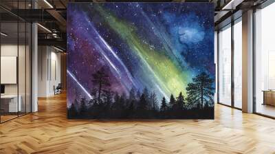 night starry sky with aurora and forest silhouette - watercolor horizontally seamless illustration Wall mural