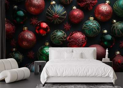 A black background with red and green Christmas decorations Wall mural