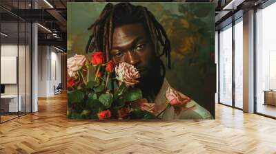 a man with dreadlocks holding a bouquet of roses Wall mural