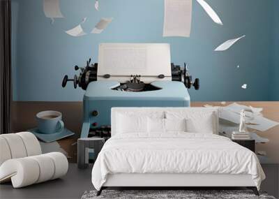 A typewriter stands on a table among scattered papers against a sky with clouds Wall mural