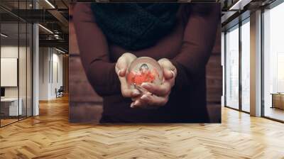 Woman holds glass ball for predictions in her hands. Fortune teller predicts fate at a seance. Wall mural