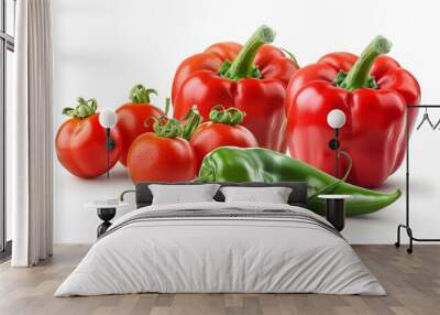 Bright red bell peppers and green chili on white background Wall mural