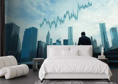 Businessman on concrete stairs, New York skyline. Falling forex diagram Wall mural