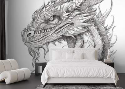 Chinese Dragon black and white drawing design 2d illustration. Traditional mystical creature vector coloring page Wall mural