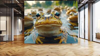 Close-up of a frog in a flock, looking at the camera, with other frogs in the background, soft background, peaceful lake landscape Wall mural