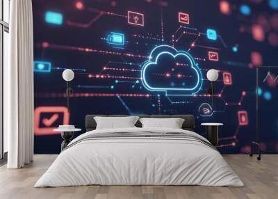 Depicts conceptual digital connections with icons representing various devices in a web-like network, illustrating cloud computing, data transfer, and information technology Wall mural