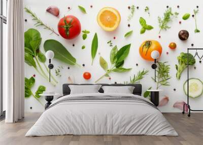 Fresh organic vegetables and herbs on white background Wall mural