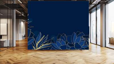 Golden lotus and tropical flowers line arts on blue background. Luxury wallpaper design for prints, banner, poster, cover, digital art vector illustration. Wall mural