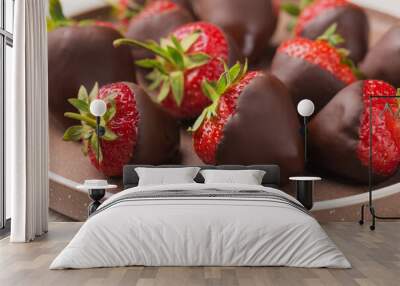 Gourmet chocolate covered strawberries on ceramic plate. Dessert background.  Selective focus. Wall mural