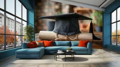 Graduation academic hat and a certificate on a table Wall mural