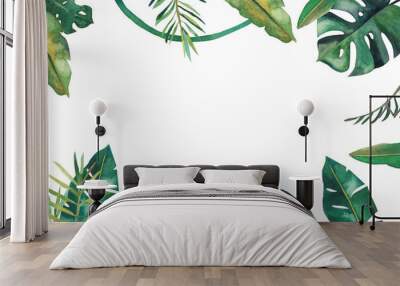 Handdrawn watercolor frame with tropical green leaves Wall mural