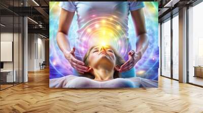 Healing session with a woman receiving energy therapy in a colorful and mystical setting
 Wall mural