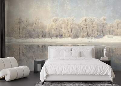 Icy reflection of snow-covered trees on a calm, frozen lake with soft winter light Wall mural