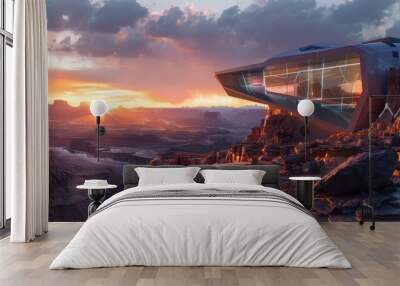 illustration of scenic view of futuristic glass cabinet building located on rocky terrain in canyon valley under cloudy sundown Wall mural