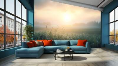 Misty morning landscape, grain, gentle vignette, soft blur Wall mural