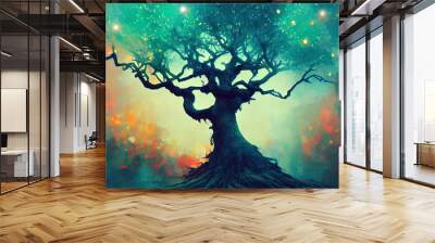 Old magic tree with roots in the forest. Digital 3d Illustration Wall mural