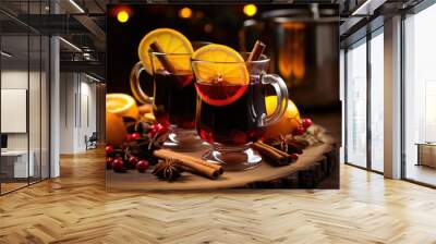 Two glasses of traditional christmas mulled wine or grog with spices and citrus on background Wall mural