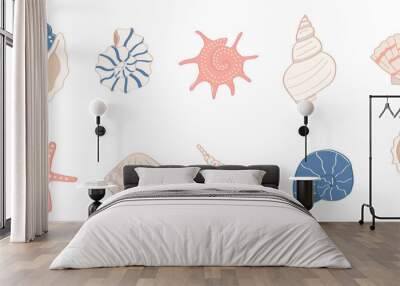 A set of colorful cartoon style sea shells Wall mural