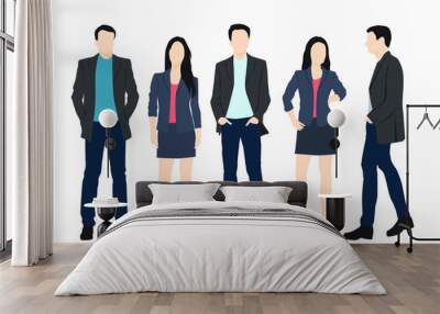 Set of men and women standing in different poses, cartoon character, group of business people in colorful clothes, vector silhouettes and flat designe icon isolated on white background Wall mural