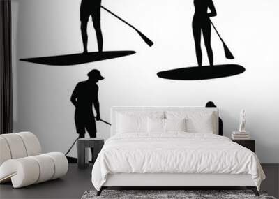 Set of silhouettes men and woman with SUP-BOARD stand-up padding. Paddle board beach man stand up on paddle board and learns surfing on water, cartoon flat design, black color isolated on white backgr Wall mural