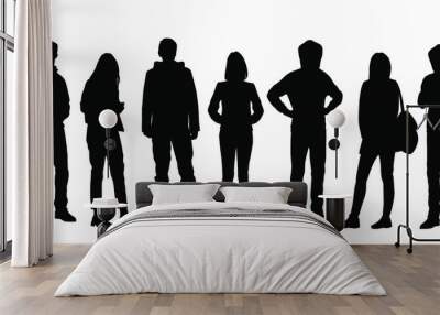 Set of vector silhouettes of  men and a women, a group of standing business people, black color isolated on white background Wall mural