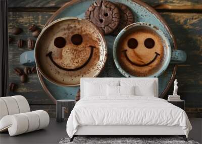 Smiley face made with two cups of coffee and a plate of chocolate cookies Wall mural