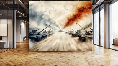 Tanks on the battlefield with dramatic smoke and fire for military action art representation Wall mural