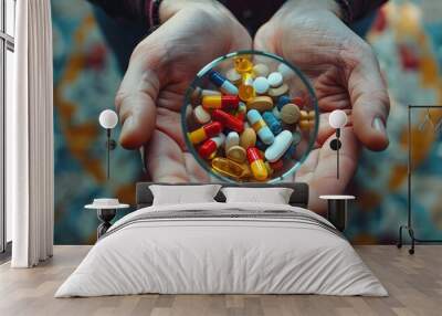 Top view of young hands holding pill, tablet, capsule and glass Wall mural