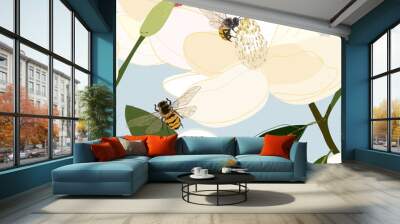 Bees collect nectar from the core of large flowers seamless vector pattern Wall mural