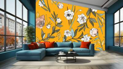 Seamless pattern with flowers and leaves of roses, peonies and daffodils. Tropical flowers vector illustration. Wall mural