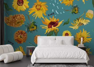 Sunflower flowers on a background of sea green. Vector illustration based on the painting of Van Gogh. Wall mural