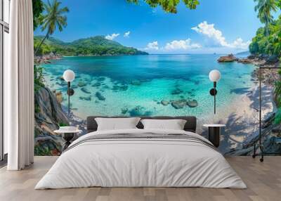 Tropical beach panorama with turquoise water and palm trees Wall mural