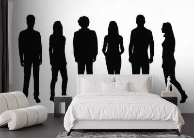 Vector silhouettes of  men and a women, a group of standing and walking business people, black color isolated on white background Wall mural