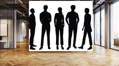 Vector silhouettes of  men and a women, a group of standing  business people, profile, couple, black color isolated on white background Wall mural