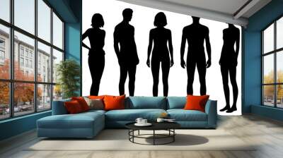 Vector silhouettes of men and women, figures of a group of standing  sports people, athletic body, profile, black color on a white background Wall mural