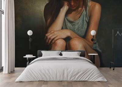 woman sitting leaning forehead on knee Wall mural