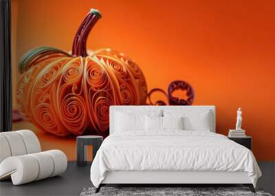 Banner with a paper pumpkin on orange background top view with copy space, halloween concept. Quilling style. Generative AI Wall mural