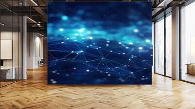 Banner with blue abstract background with a network grid and particles connected.Sci-fi digital technology with line connect network and data graphic background.Generated by AI Wall mural