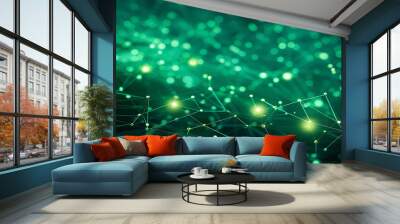 Banner with green abstract background with a network grid and particles connected. Sci-fi digital technology with line connect network and data graphic background. Abstract polygonal wallpaper Wall mural