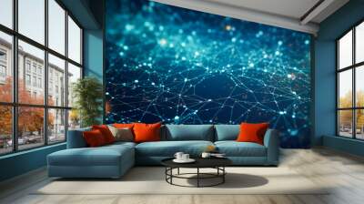 Blue abstract background with a network grid and particles connected.Sci-fi digital technology with line connect network and data graphic background.Generated by AI Wall mural