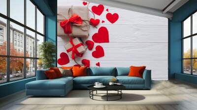 Valentine's Day. presents, heart felt and decor on wooden background Wall mural