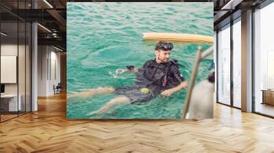 Divers on the surface of water ready to dive Wall mural